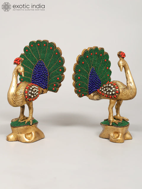 8" Pair of Peacocks | Brass Statues with Inlay Work | Home Decor