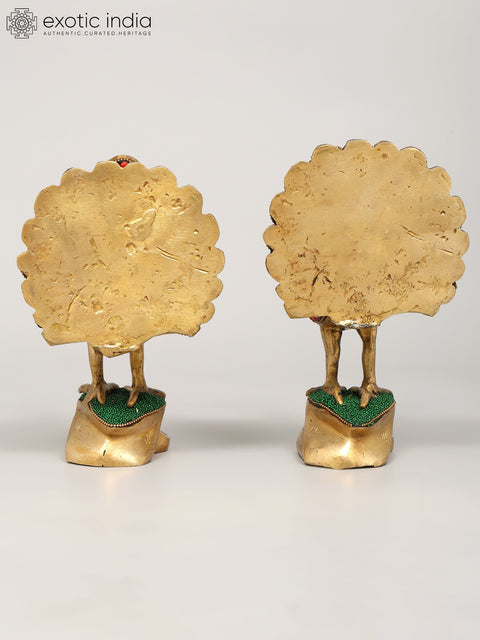 8" Pair of Peacocks | Brass Statues with Inlay Work | Home Decor