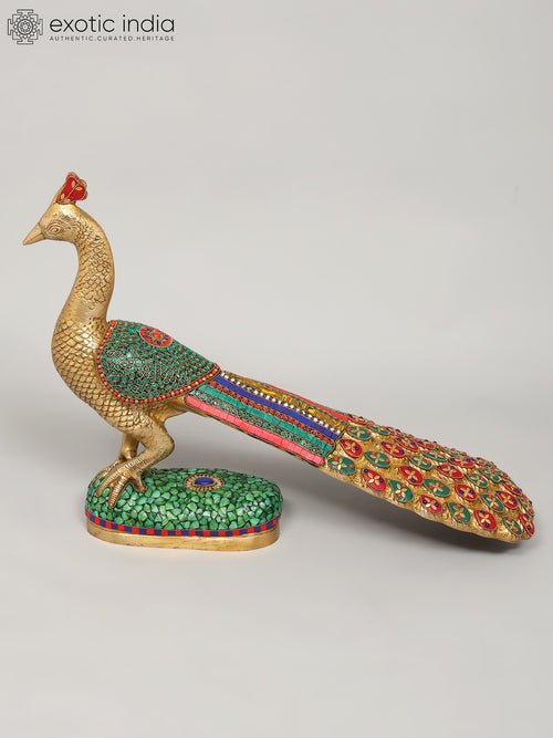 25" Handmade Peacock Brass Statue with Inlay Work