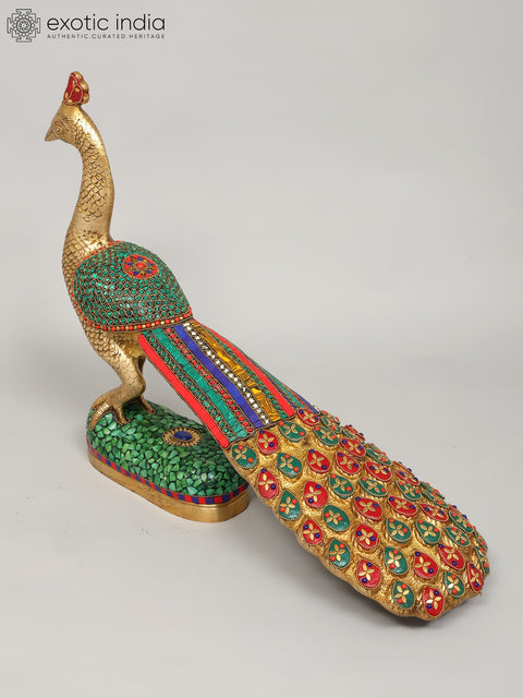 25" Beautiful Peacock | Brass Statue with Inlay Work | Home Decor