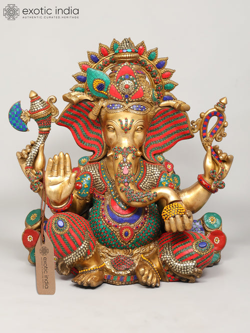 26" Chaturbhuja Ganesha Brass Statue with Inlay Work Handmade