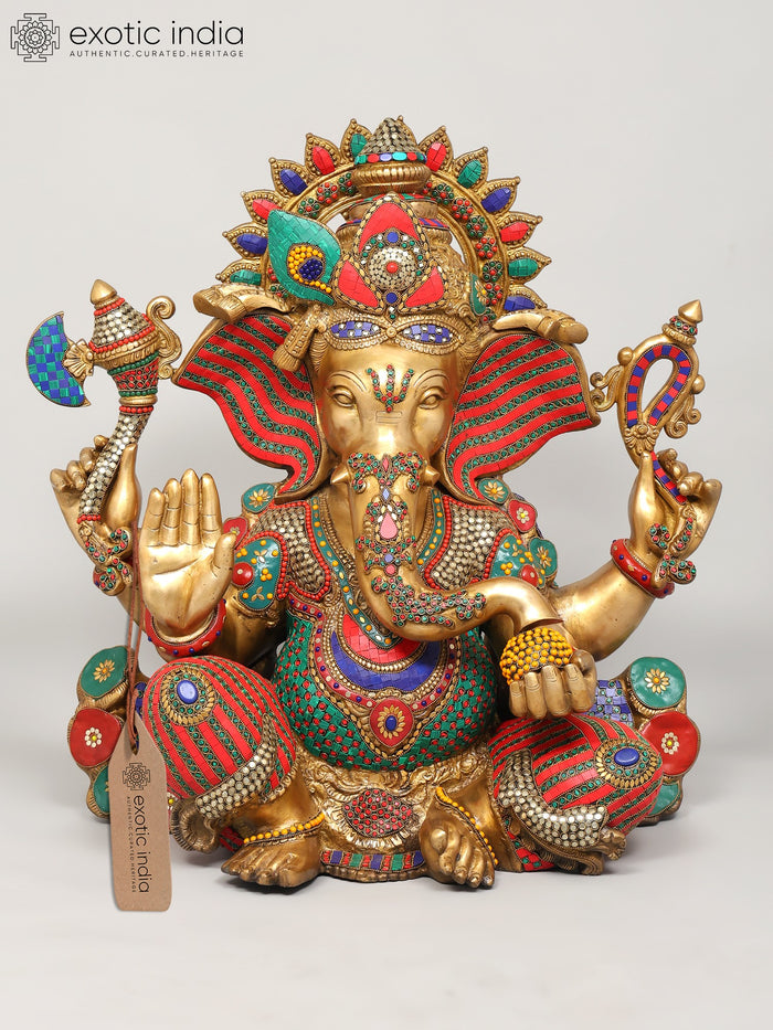 26" Chaturbhuja Ganesha Brass Statue with Inlay Work Handmade