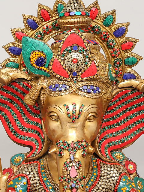26" Chaturbhuja Blessing Lord Ganesha | Brass Statue with Inlay Work