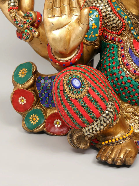 26" Chaturbhuja Blessing Lord Ganesha | Brass Statue with Inlay Work