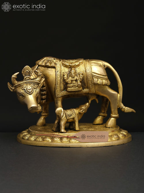 6" Vastu Cow and Calf Brass Statue for Home Decor