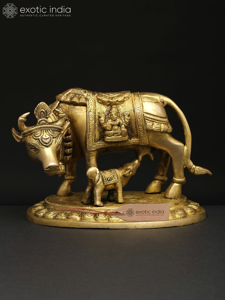 6" Vastu Cow and Calf Brass Statue for Home Decor