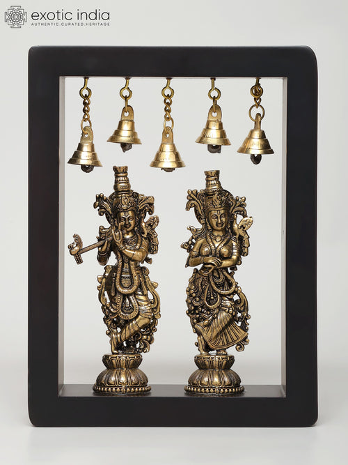 8" Radha Krishna Brass Statues with Bells - Handmade Wall Hanging