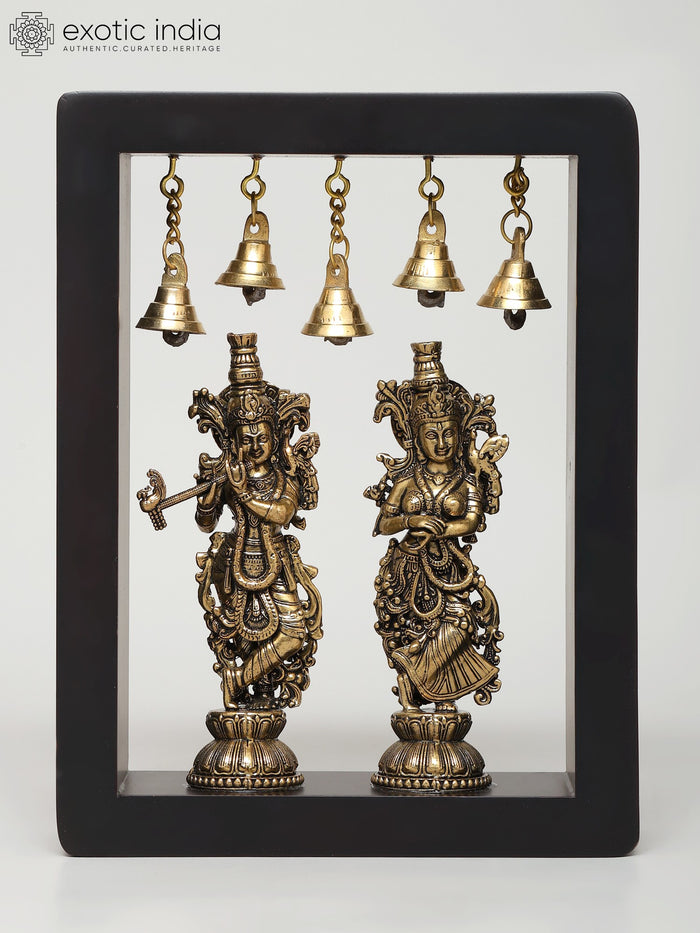 8" Radha Krishna Brass Statues with Bells - Handmade Wall Hanging