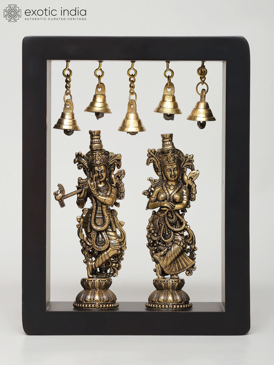 8" Radha Krishna Brass Statues with Bells - Handmade Wall Hanging
