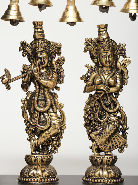 8" Superfine Radha Krishna Statues with Bells | Wood Framed Brass Sculptures | Wall Hanging