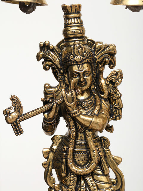 8" Superfine Radha Krishna Statues with Bells | Wood Framed Brass Sculptures | Wall Hanging