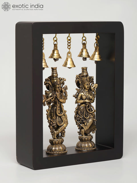 8" Superfine Radha Krishna Statues with Bells | Wood Framed Brass Sculptures | Wall Hanging