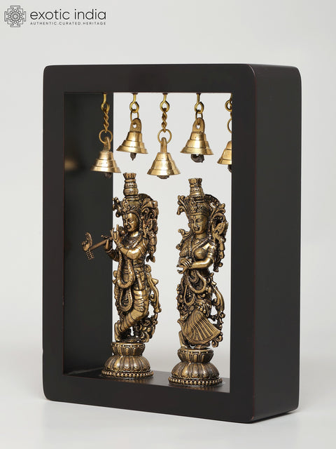 8" Superfine Radha Krishna Statues with Bells | Wood Framed Brass Sculptures | Wall Hanging