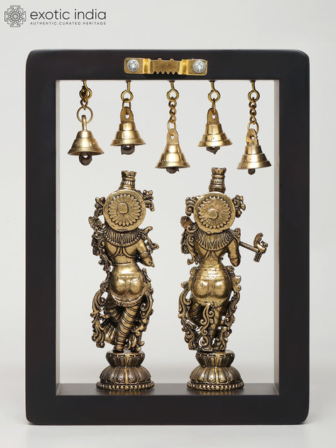 8" Superfine Radha Krishna Statues with Bells | Wood Framed Brass Sculptures | Wall Hanging
