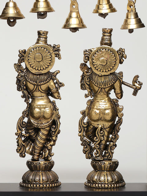 8" Superfine Radha Krishna Statues with Bells | Wood Framed Brass Sculptures | Wall Hanging