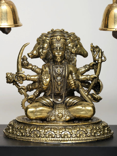 7" Wood Framed Superfine Panchamukhi Hanuman with Bells | Wall Hanging
