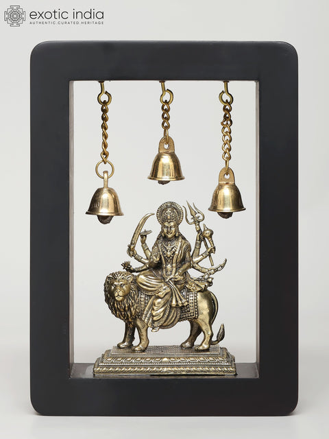 7" Wood Framed Superfine Goddess Durga (Sherawali Maa) in Brass | Wall Hanging