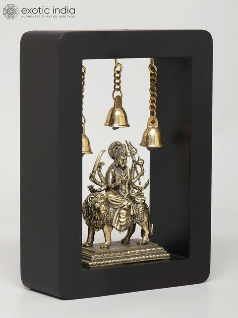 7" Wood Framed Superfine Goddess Durga (Sherawali Maa) in Brass | Wall Hanging