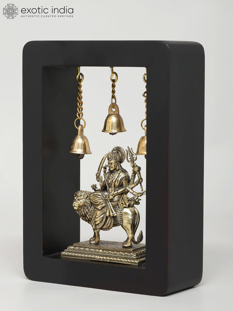 7" Wood Framed Superfine Goddess Durga (Sherawali Maa) in Brass | Wall Hanging