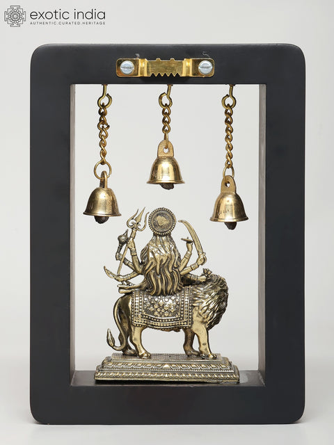 7" Wood Framed Superfine Goddess Durga (Sherawali Maa) in Brass | Wall Hanging