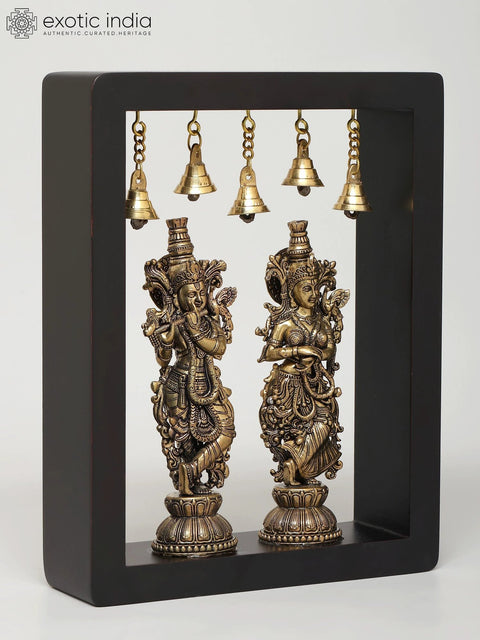 9" Superfine Standing Radha Krishna | Wood Framed Brass Sculptures | Wall Hanging