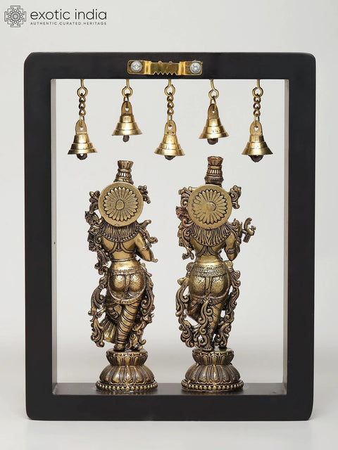 9" Superfine Standing Radha Krishna | Wood Framed Brass Sculptures | Wall Hanging