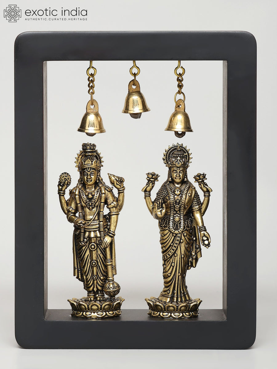 8" Handmade Standing Lakshmi Narayan Brass Wall Hanging with Bells