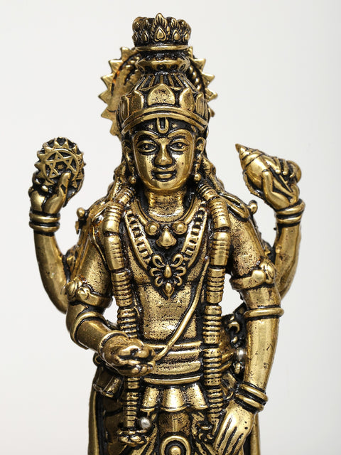 8" Superfine Standing Lakshmi - Narayan with Bells | Wood Framed Brass Sculptures | Wall Hanging