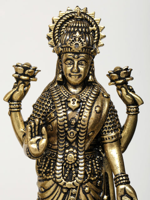 8" Superfine Standing Lakshmi - Narayan with Bells | Wood Framed Brass Sculptures | Wall Hanging