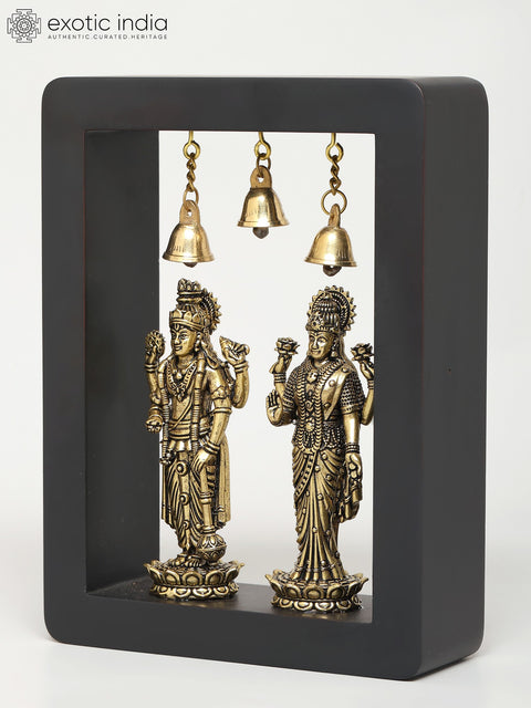 8" Superfine Standing Lakshmi - Narayan with Bells | Wood Framed Brass Sculptures | Wall Hanging