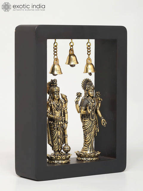 8" Superfine Standing Lakshmi - Narayan with Bells | Wood Framed Brass Sculptures | Wall Hanging