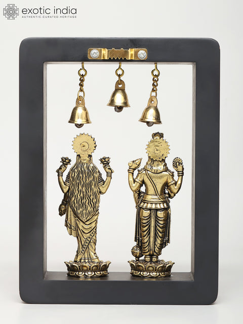 8" Superfine Standing Lakshmi - Narayan with Bells | Wood Framed Brass Sculptures | Wall Hanging