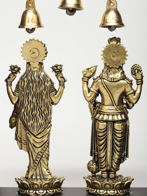 8" Superfine Standing Lakshmi - Narayan with Bells | Wood Framed Brass Sculptures | Wall Hanging