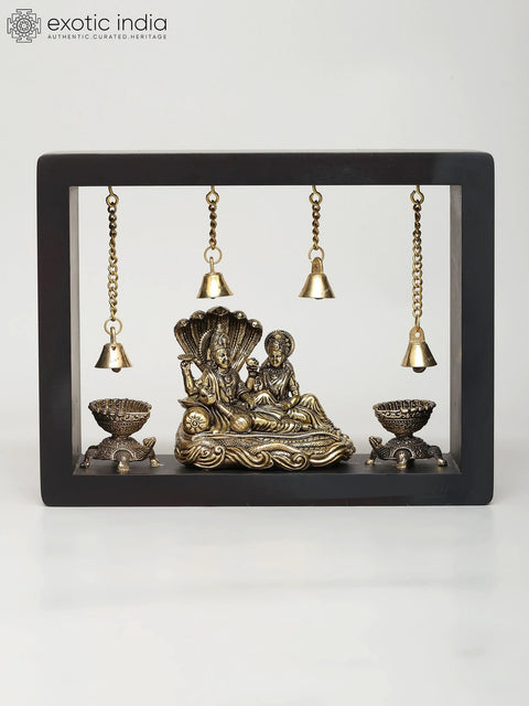 9" Superfine Lakshmi - Narayan Seated on Sheshnag with Tortoise Diya | Wood Framed Brass Sculpture | Wall Hanging