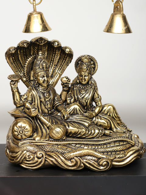 9" Superfine Lakshmi - Narayan Seated on Sheshnag with Tortoise Diya | Wood Framed Brass Sculpture | Wall Hanging