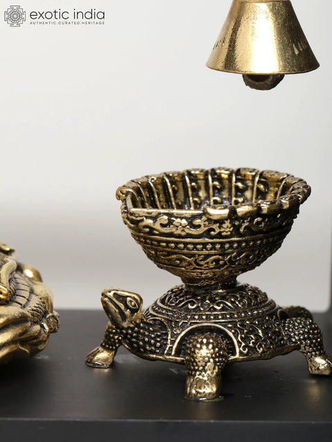 9" Superfine Lakshmi - Narayan Seated on Sheshnag with Tortoise Diya | Wood Framed Brass Sculpture | Wall Hanging