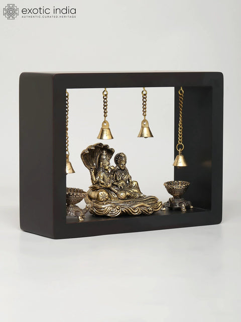 9" Superfine Lakshmi - Narayan Seated on Sheshnag with Tortoise Diya | Wood Framed Brass Sculpture | Wall Hanging