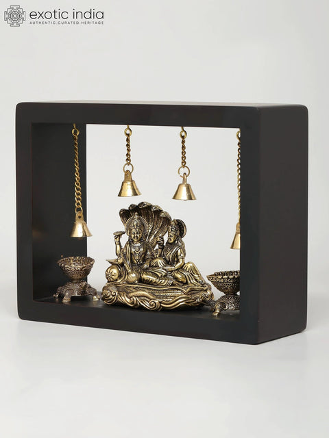 9" Superfine Lakshmi - Narayan Seated on Sheshnag with Tortoise Diya | Wood Framed Brass Sculpture | Wall Hanging