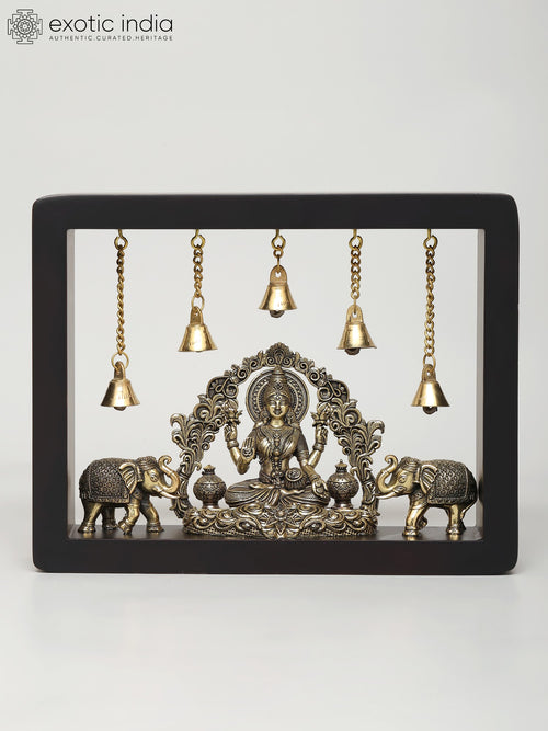 9" Handmade Gajalakshmi Brass Sculpture with Dangling Bells Wall Hanging