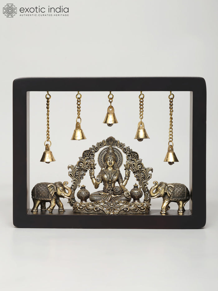 9" Handmade Gajalakshmi Brass Sculpture with Dangling Bells Wall Hanging