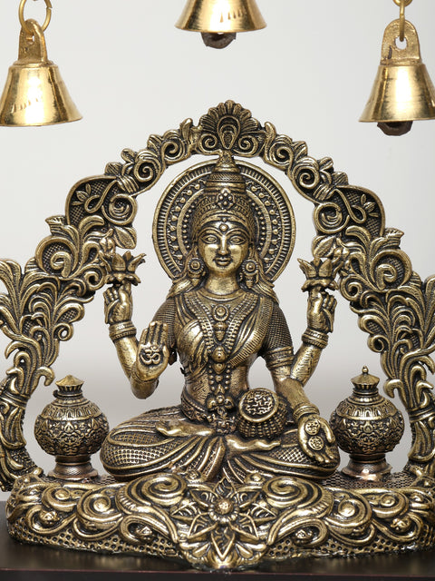9" Superfine Gajalakshmi with Dangling Bells | Wood Framed Brass Sculpture | Wall Hanging