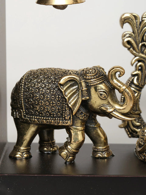 9" Superfine Gajalakshmi with Dangling Bells | Wood Framed Brass Sculpture | Wall Hanging