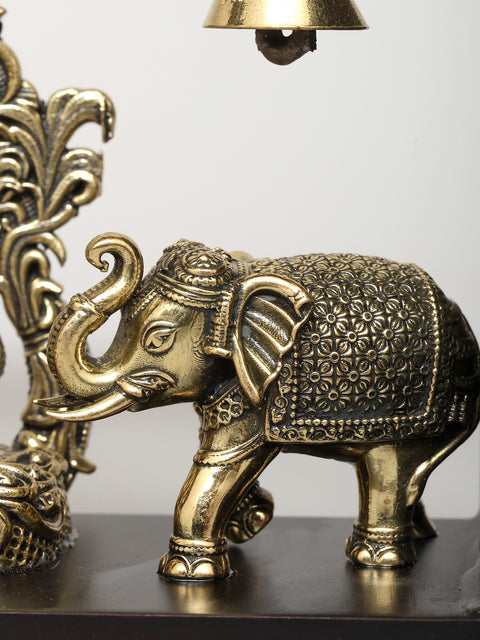 9" Superfine Gajalakshmi with Dangling Bells | Wood Framed Brass Sculpture | Wall Hanging