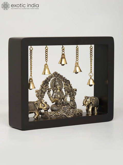 9" Superfine Gajalakshmi with Dangling Bells | Wood Framed Brass Sculpture | Wall Hanging