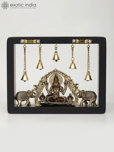 9" Superfine Gajalakshmi with Dangling Bells | Wood Framed Brass Sculpture | Wall Hanging