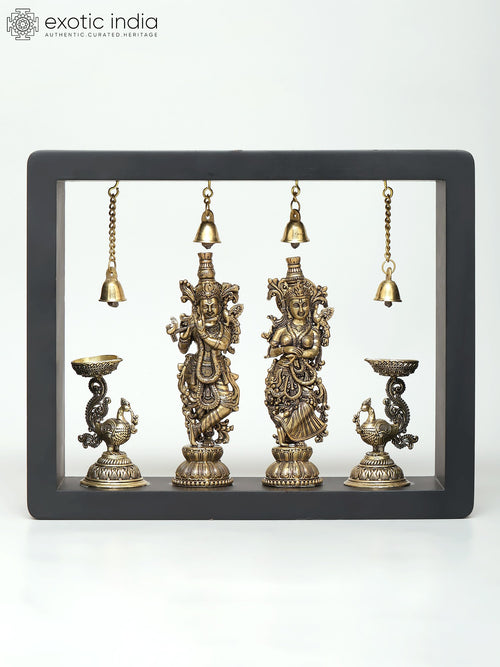 11" Radha Krishna with Peacock Lamps Brass Wall Hanging Sculpture