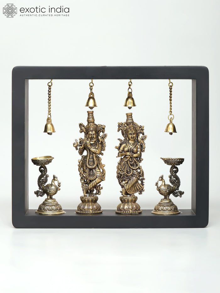 11" Radha Krishna with Peacock Lamps Brass Wall Hanging Sculpture