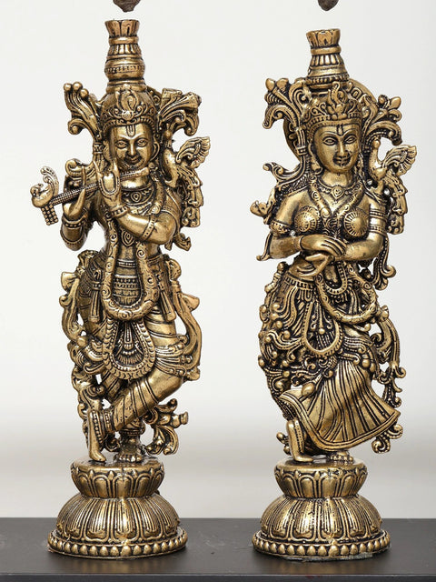 11" Superfine Radha Krishna with Peacock Lamps | Wood Framed Brass Sculptures | Wall Hanging