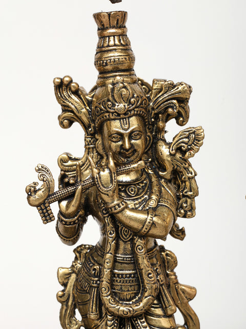 11" Superfine Radha Krishna with Peacock Lamps | Wood Framed Brass Sculptures | Wall Hanging