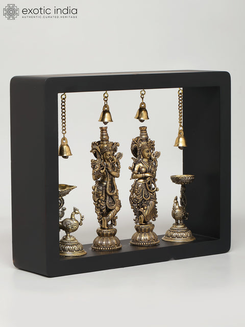 11" Superfine Radha Krishna with Peacock Lamps | Wood Framed Brass Sculptures | Wall Hanging